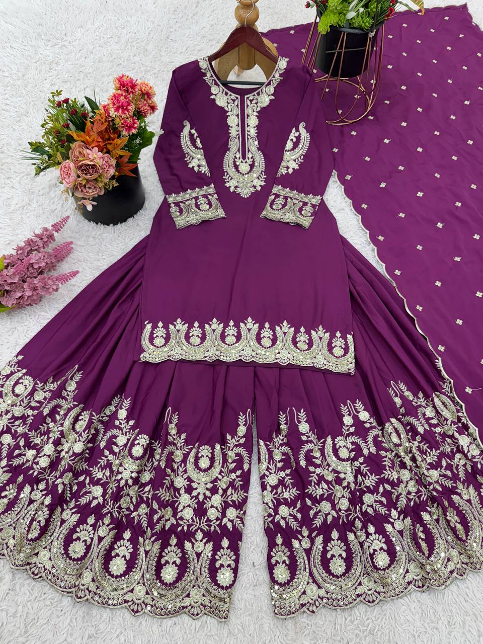 Awesome Purple Color Heavy French Crepe With Embroidery Sequence Work Sharara Suit