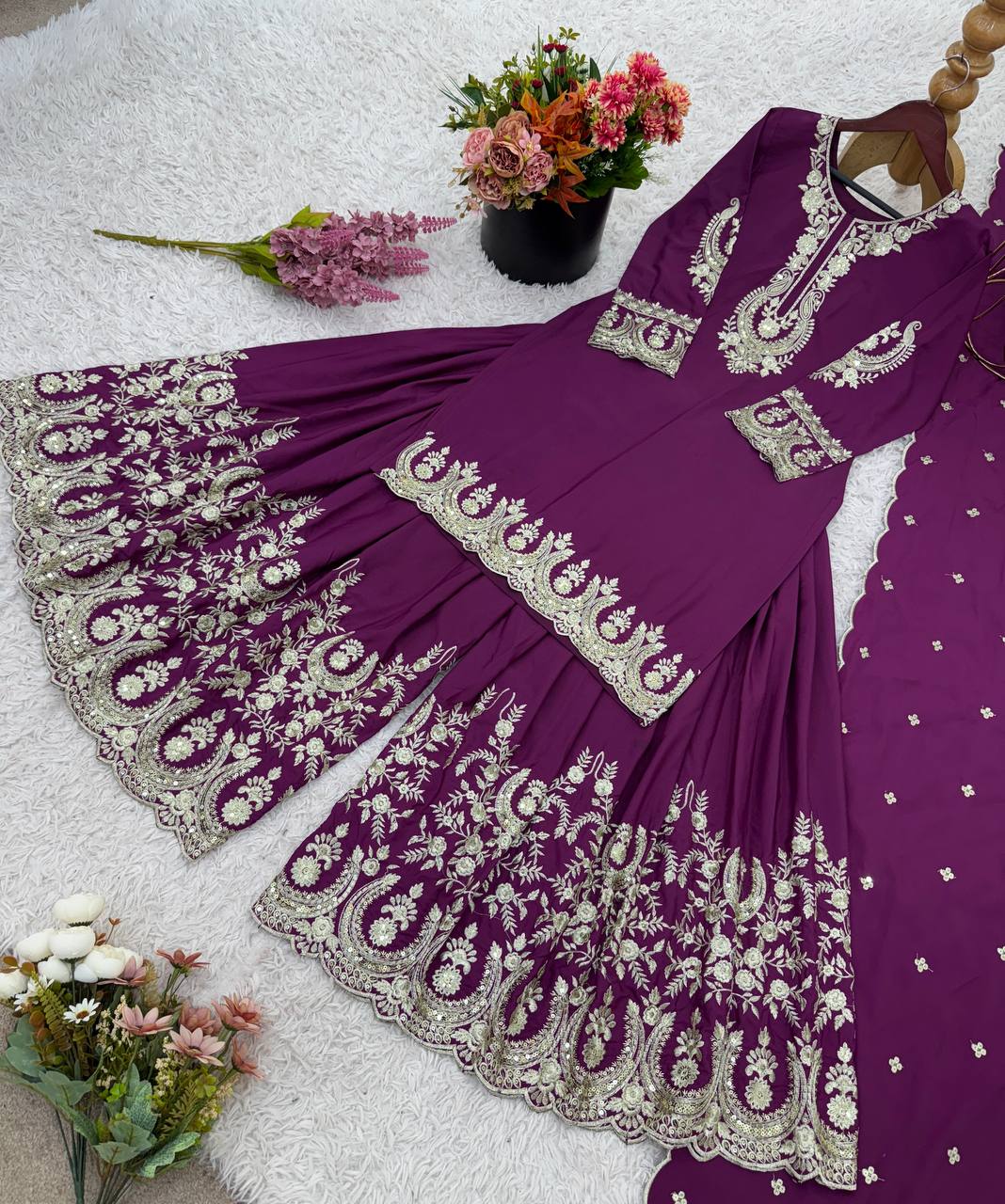 Awesome Purple Color Heavy French Crepe With Embroidery Sequence Work Sharara Suit