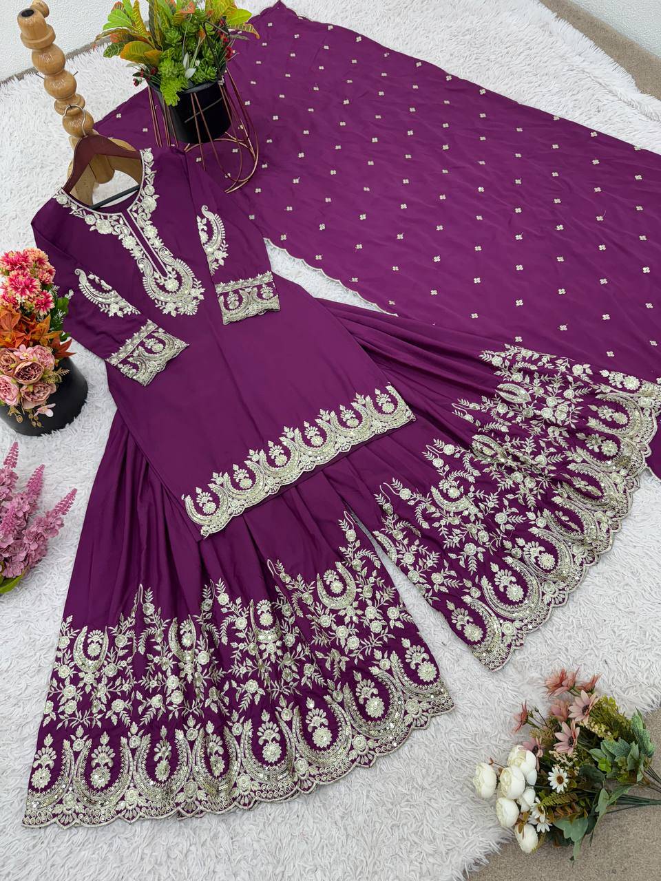 Awesome Purple Color Heavy French Crepe With Embroidery Sequence Work Sharara Suit