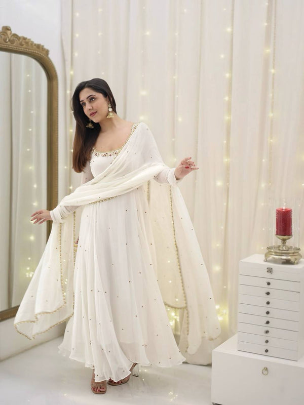 Festive Wear White Color Faux Georgette With Embroidery Work Beautiful Anarkali Suit