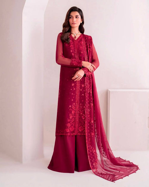 Casual Wear Maroon Color Pure Faux Georgette With Embroidery Sequence Work Palazzo Suit