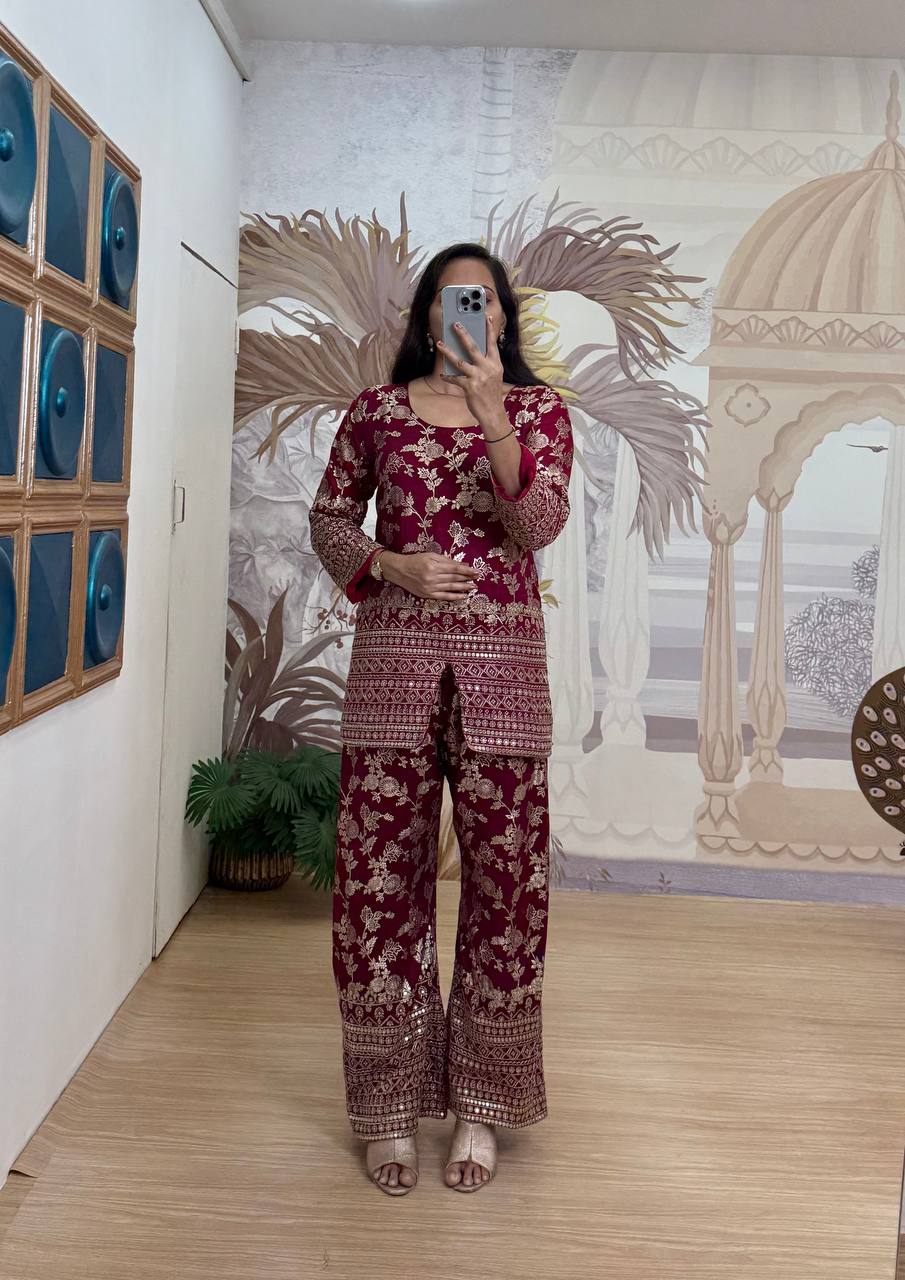 Party Wear Maroon Color Dola Silk With Embroidery Work Designer Palazzo Suit