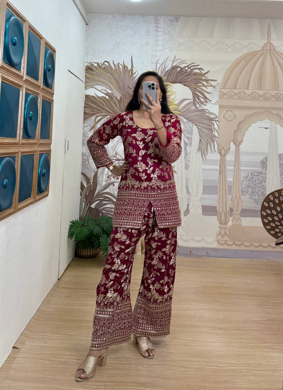 Party Wear Maroon Color Dola Silk With Embroidery Work Designer Palazzo Suit