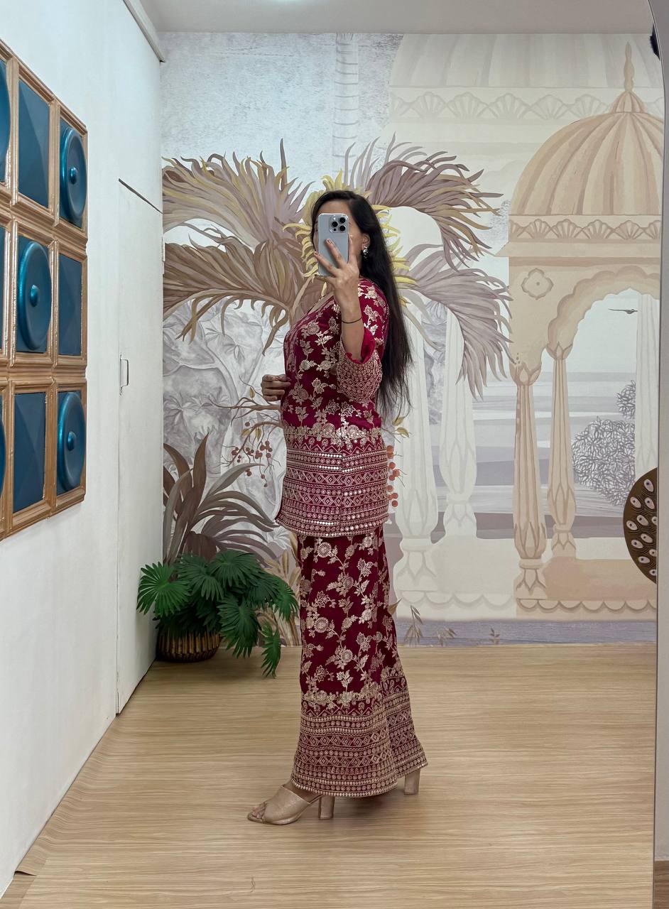 Party Wear Maroon Color Dola Silk With Embroidery Work Designer Palazzo Suit