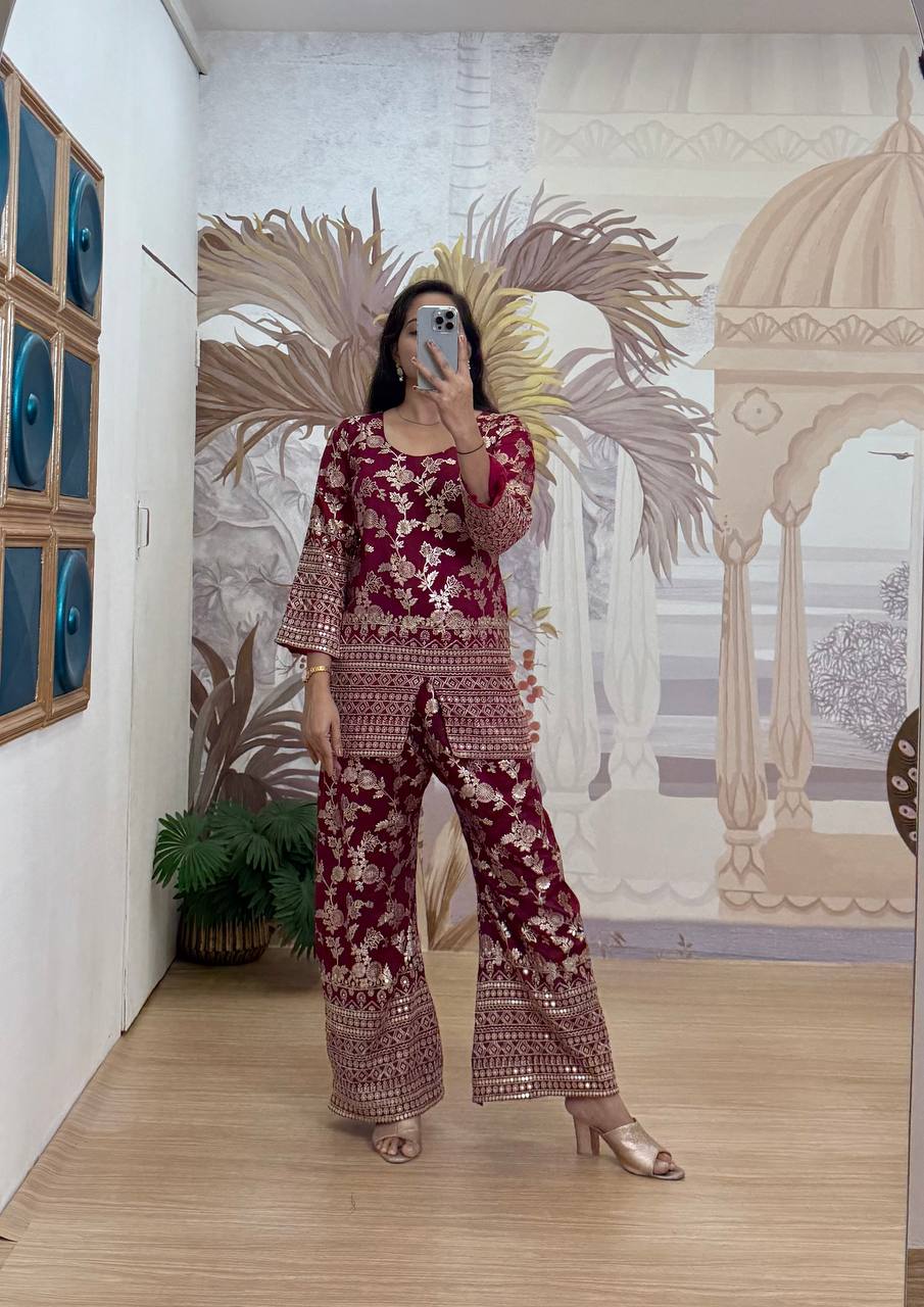 Party Wear Maroon Color Dola Silk With Embroidery Work Designer Palazzo Suit
