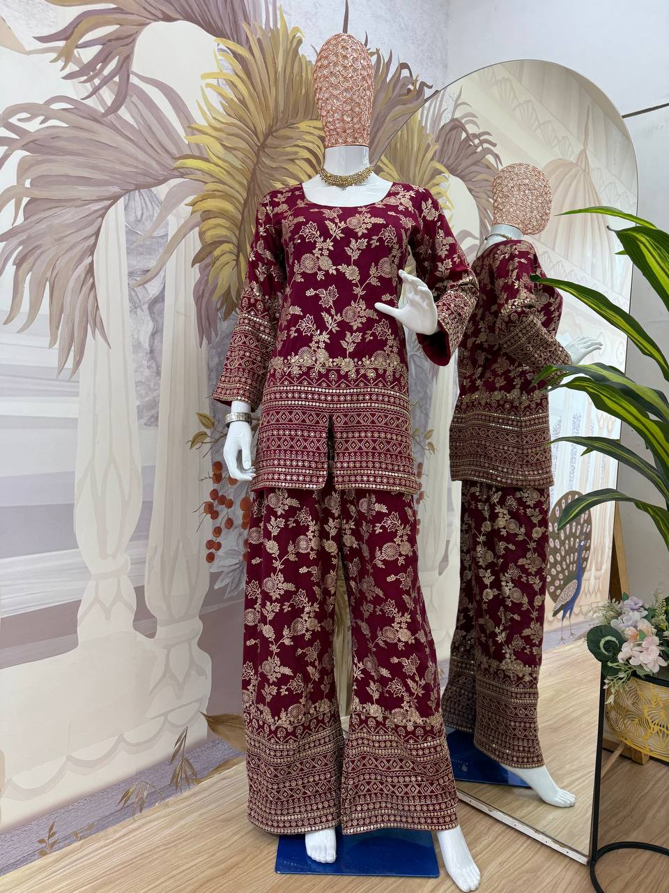 Party Wear Maroon Color Dola Silk With Embroidery Work Designer Palazzo Suit