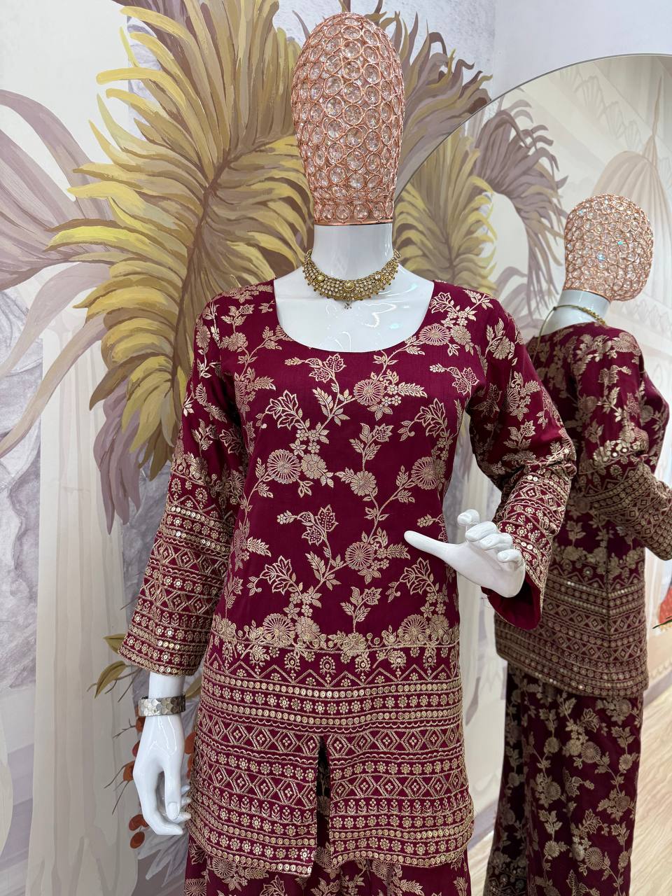 Party Wear Maroon Color Dola Silk With Embroidery Work Designer Palazzo Suit