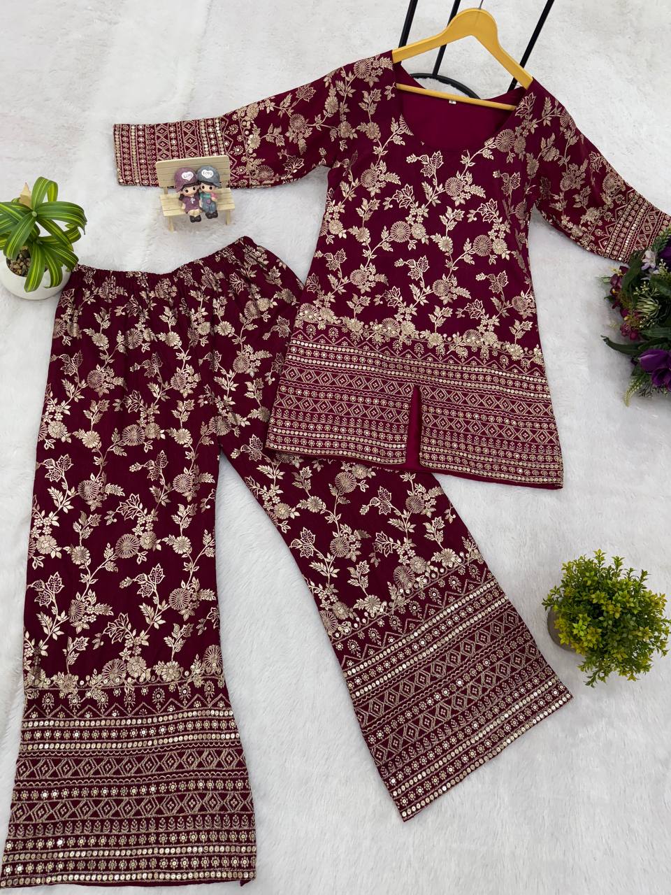 Party Wear Maroon Color Dola Silk With Embroidery Work Designer Palazzo Suit