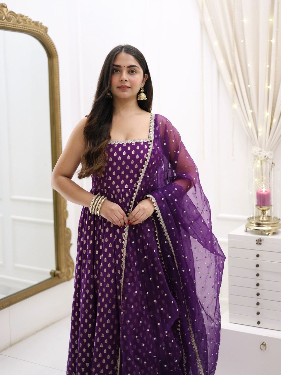 Designer Purple Color Jacquard Silk Weaving With Lace Broder Beautiful Gown