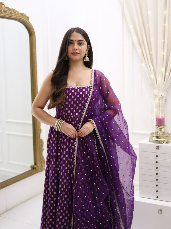Designer Purple Color Jacquard Silk Weaving With Lace Broder Beautiful Gown