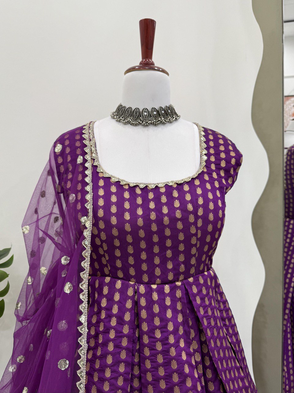 Designer Purple Color Jacquard Silk Weaving With Lace Broder Beautiful Gown