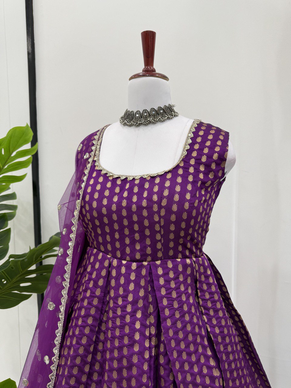 Designer Purple Color Jacquard Silk Weaving With Lace Broder Beautiful Gown
