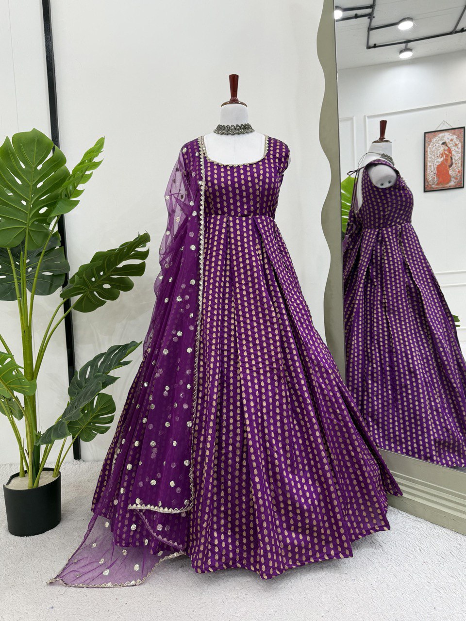 Designer Purple Color Jacquard Silk Weaving With Lace Broder Beautiful Gown