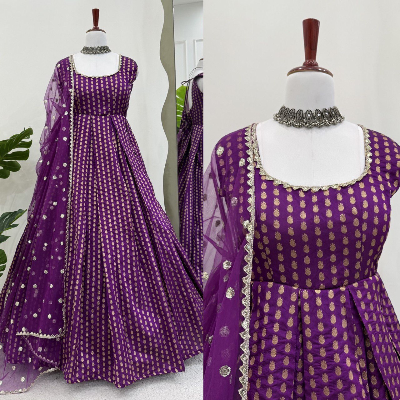 Designer Purple Color Jacquard Silk Weaving With Lace Broder Beautiful Gown