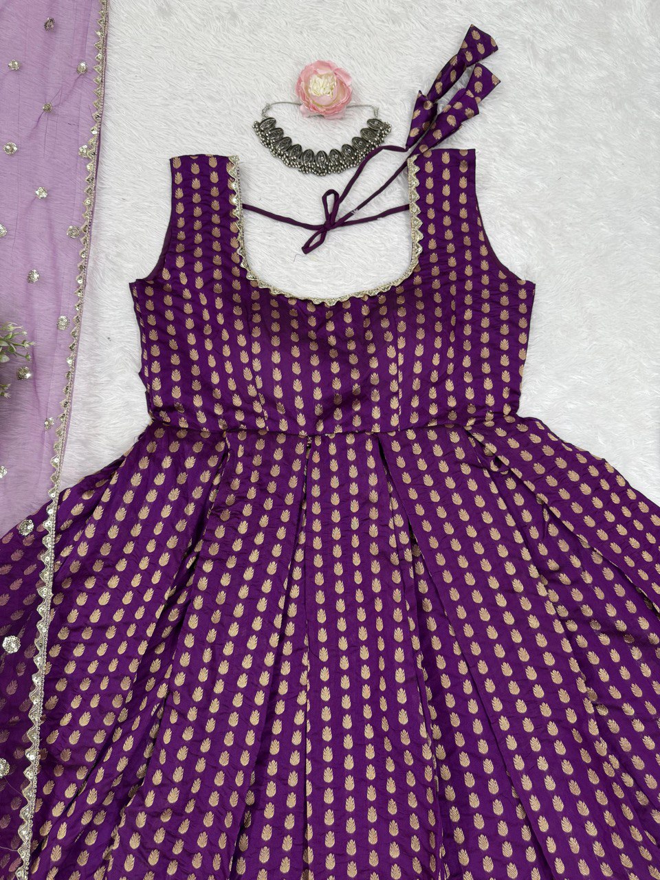Designer Purple Color Jacquard Silk Weaving With Lace Broder Beautiful Gown
