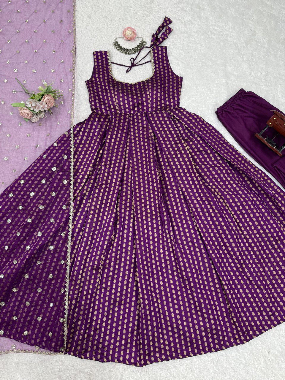 Designer Purple Color Jacquard Silk Weaving With Lace Broder Beautiful Gown