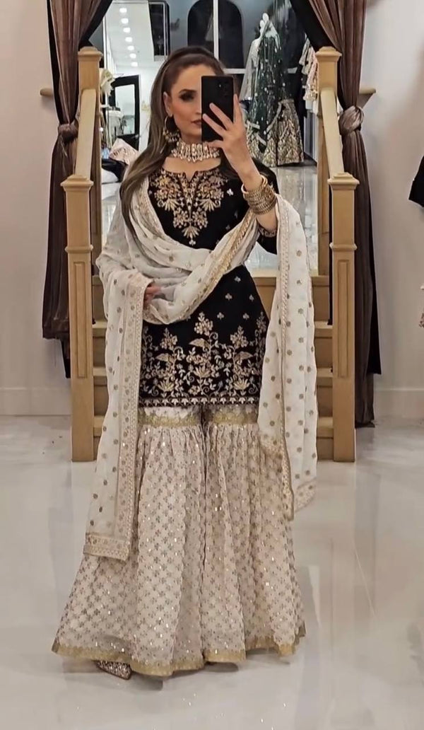 Party Wear Black Color Heavy Faux Georgette With 5mm Embroidery Sequence Work Sharara Suit