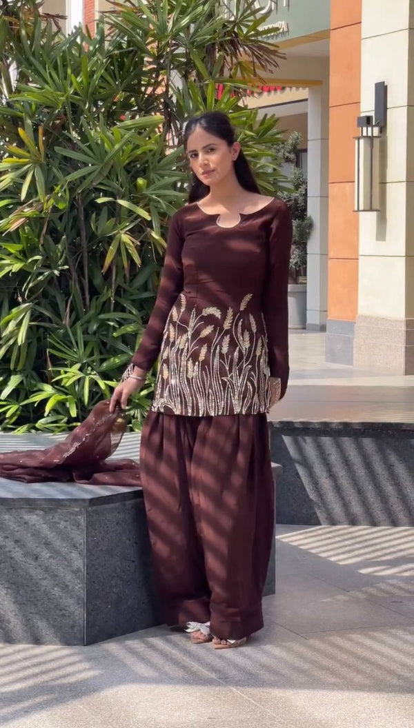 Function Wear Brown Color Pure Faux Georgette With Embroidery Sequence Work Palazzo Suit