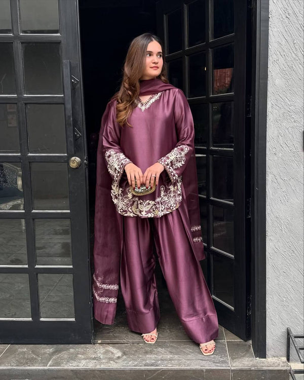 Bollywood Style Dusty Pink Color Pure Natural Crep Silk With Embroidery Sequence Work Palazzo Suit