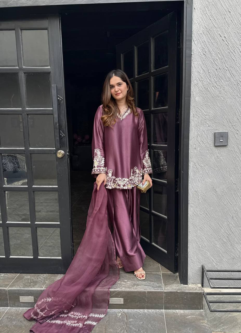Bollywood Style Dusty Pink Color Pure Natural Crep Silk With Embroidery Sequence Work Palazzo Suit