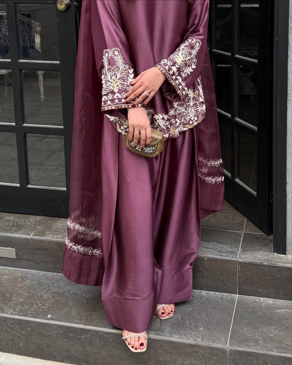 Bollywood Style Dusty Pink Color Pure Natural Crep Silk With Embroidery Sequence Work Palazzo Suit