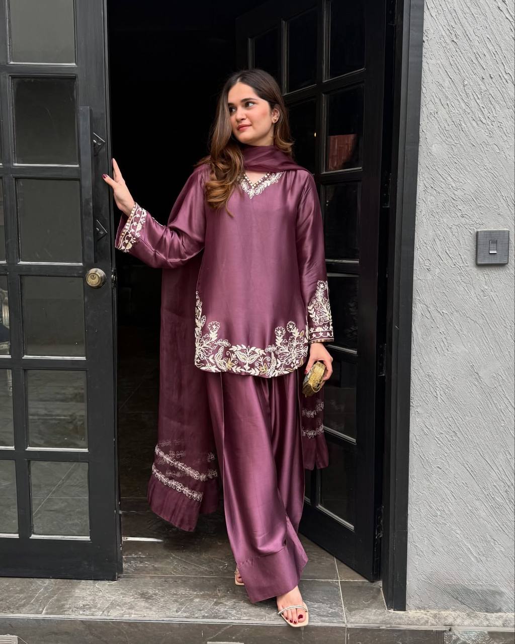 Bollywood Style Dusty Pink Color Pure Natural Crep Silk With Embroidery Sequence Work Palazzo Suit