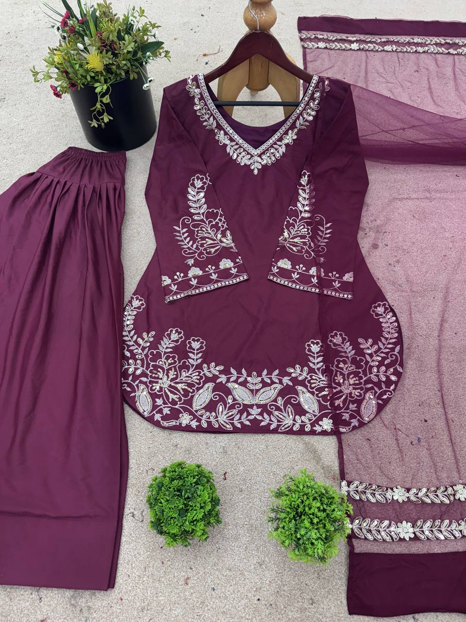 Bollywood Style Dusty Pink Color Pure Natural Crep Silk With Embroidery Sequence Work Palazzo Suit