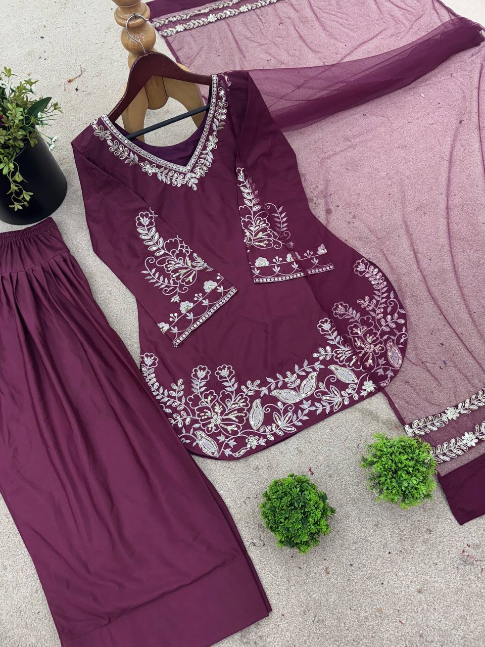 Bollywood Style Dusty Pink Color Pure Natural Crep Silk With Embroidery Sequence Work Palazzo Suit
