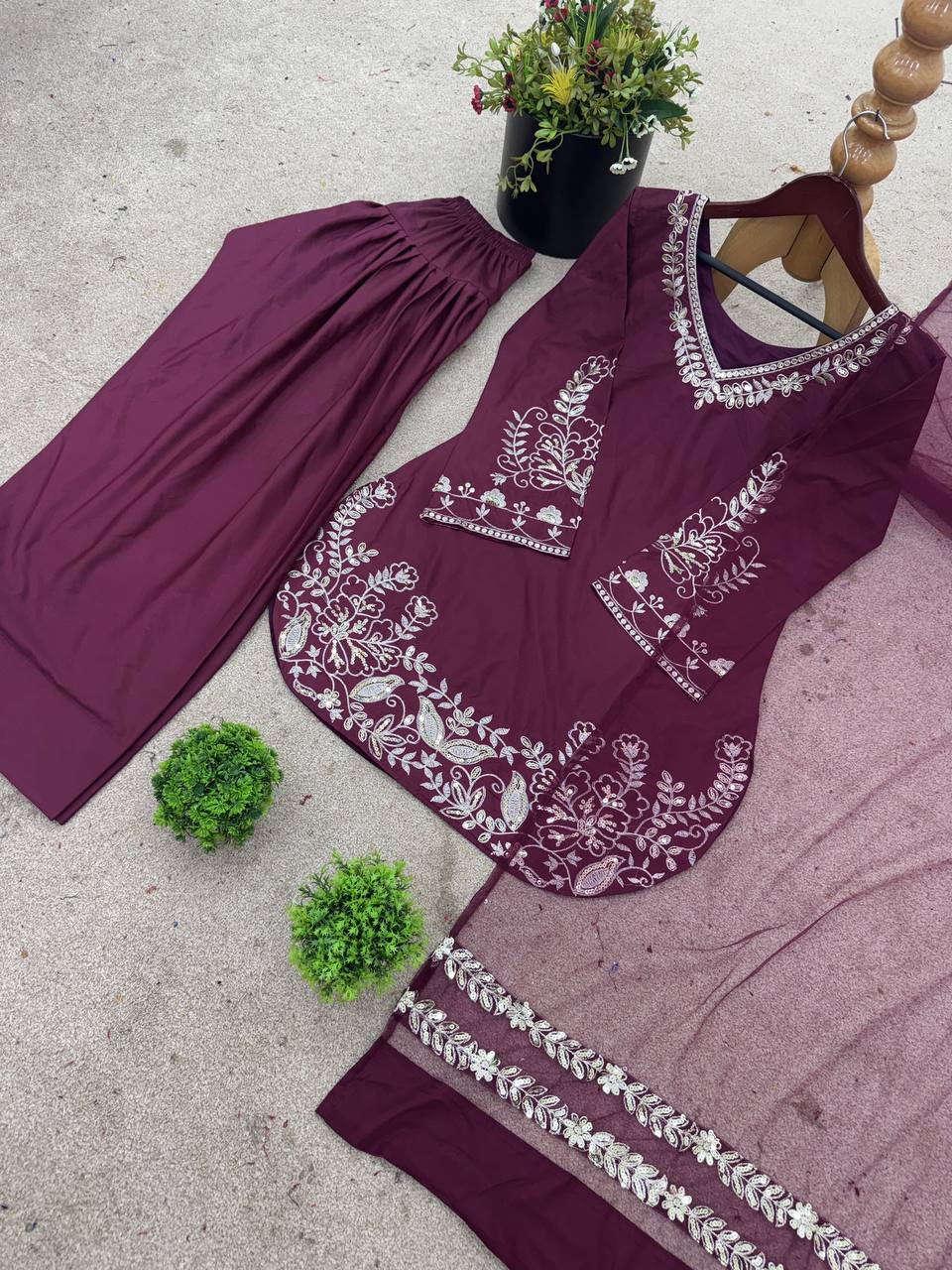 Bollywood Style Dusty Pink Color Pure Natural Crep Silk With Embroidery Sequence Work Palazzo Suit