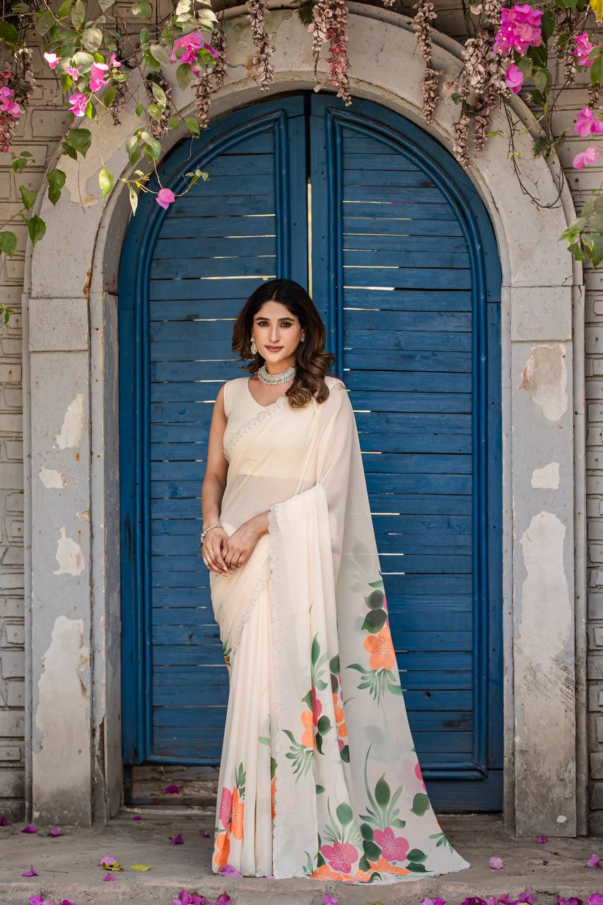 Party Wear Cream Color Fancy Digital Print With Diamond Work Saree