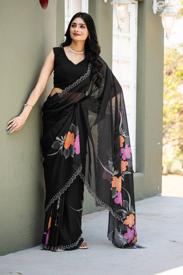 Festive Wear Black Color Fancy Digital Print With Diamond Work Saree