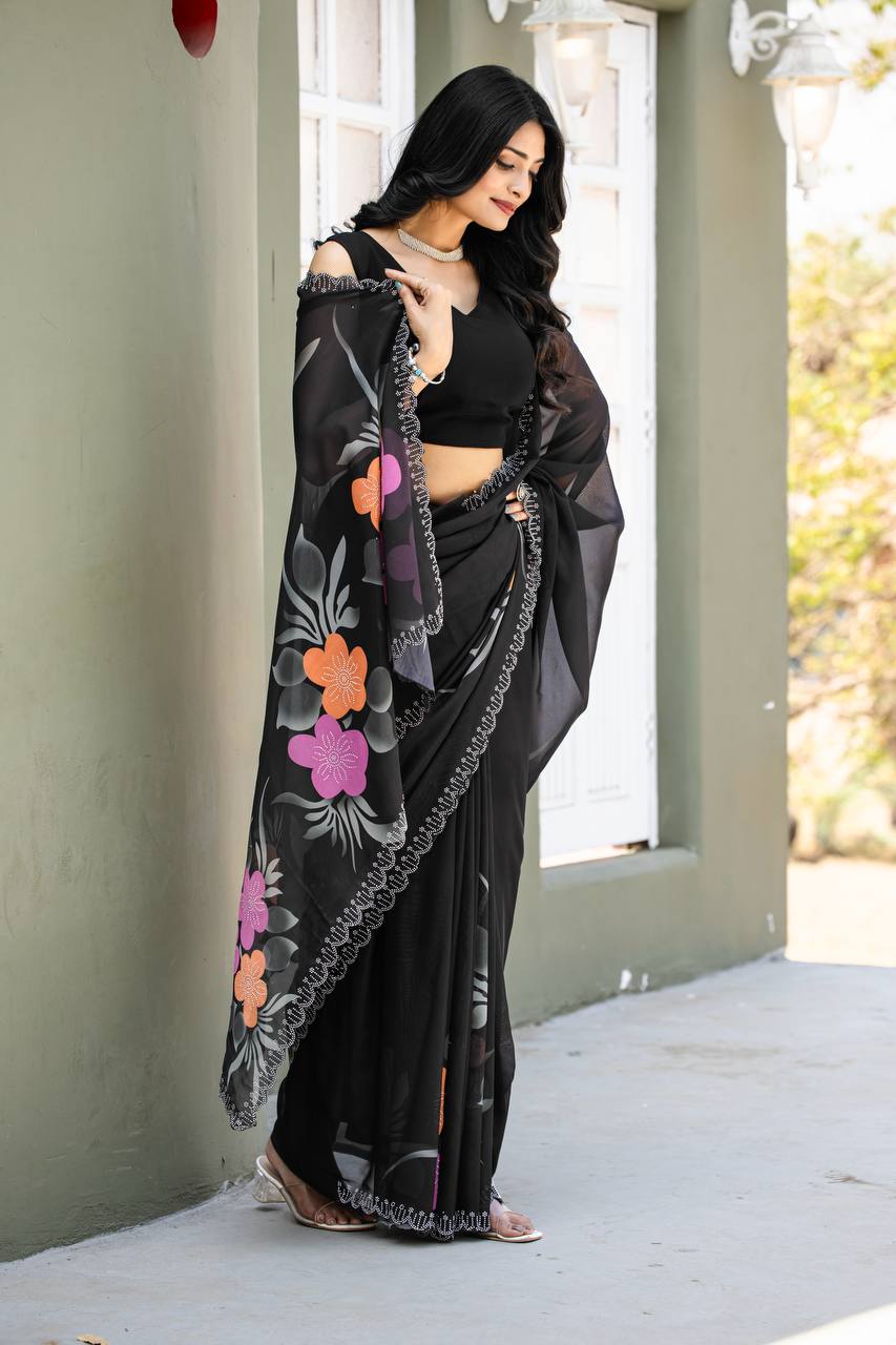 Festive Wear Black Color Fancy Digital Print With Diamond Work Saree