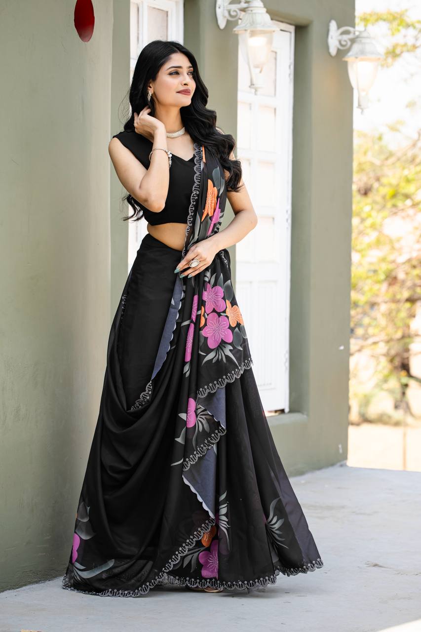 Festive Wear Black Color Fancy Digital Print With Diamond Work Saree