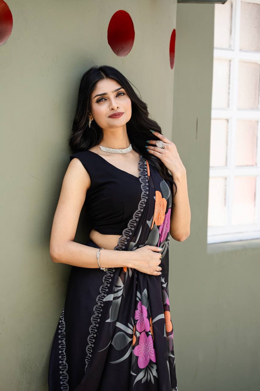 Festive Wear Black Color Fancy Digital Print With Diamond Work Saree