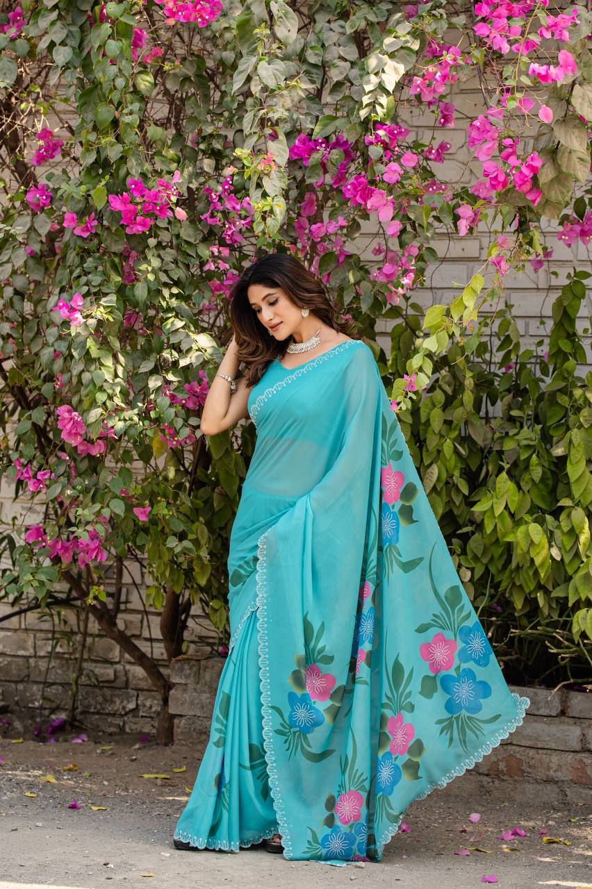 Festive Wear Sky Color Fancy Digital Print With Diamond Work Saree