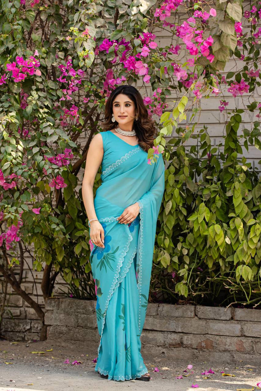 Festive Wear Sky Color Fancy Digital Print With Diamond Work Saree