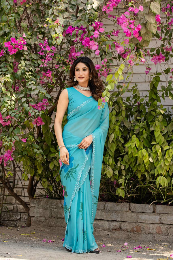 Festive Wear Sky Color Fancy Digital Print With Diamond Work Saree