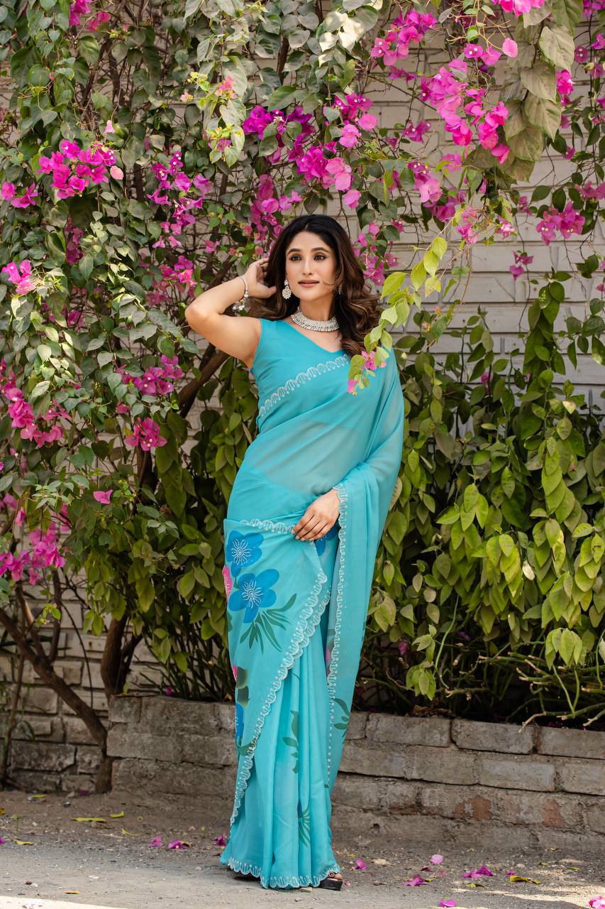 Festive Wear Sky Color Fancy Digital Print With Diamond Work Saree