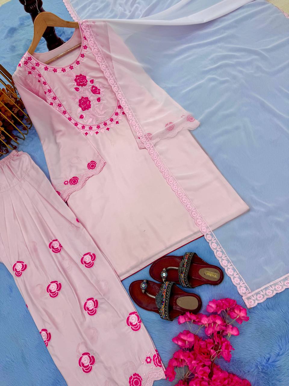 Exclusive Peach Color Pure Natural Crepe With Embroidery Work Palazzo Suit