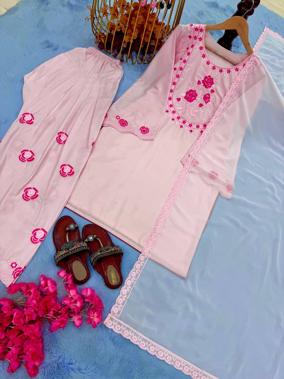 Exclusive Peach Color Pure Natural Crepe With Embroidery Work Palazzo Suit