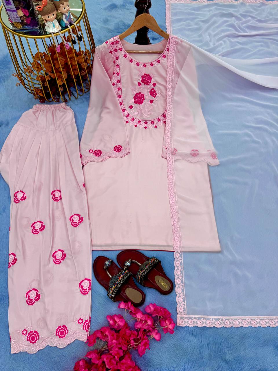 Exclusive Peach Color Pure Natural Crepe With Embroidery Work Palazzo Suit