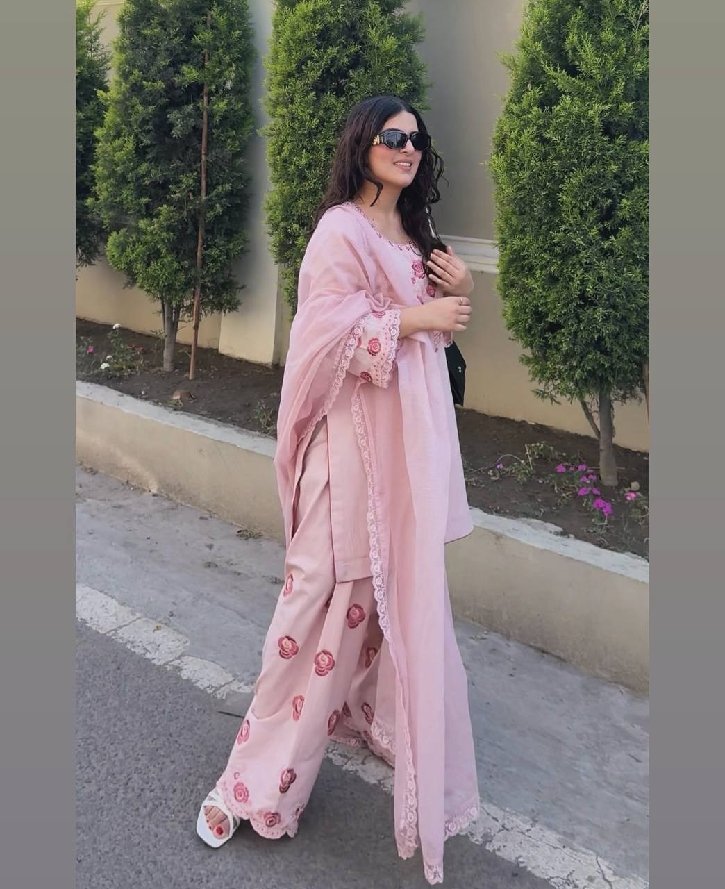 Exclusive Peach Color Pure Natural Crepe With Embroidery Work Palazzo Suit