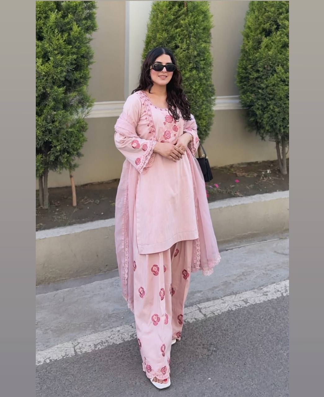 Exclusive Peach Color Pure Natural Crepe With Embroidery Work Palazzo Suit