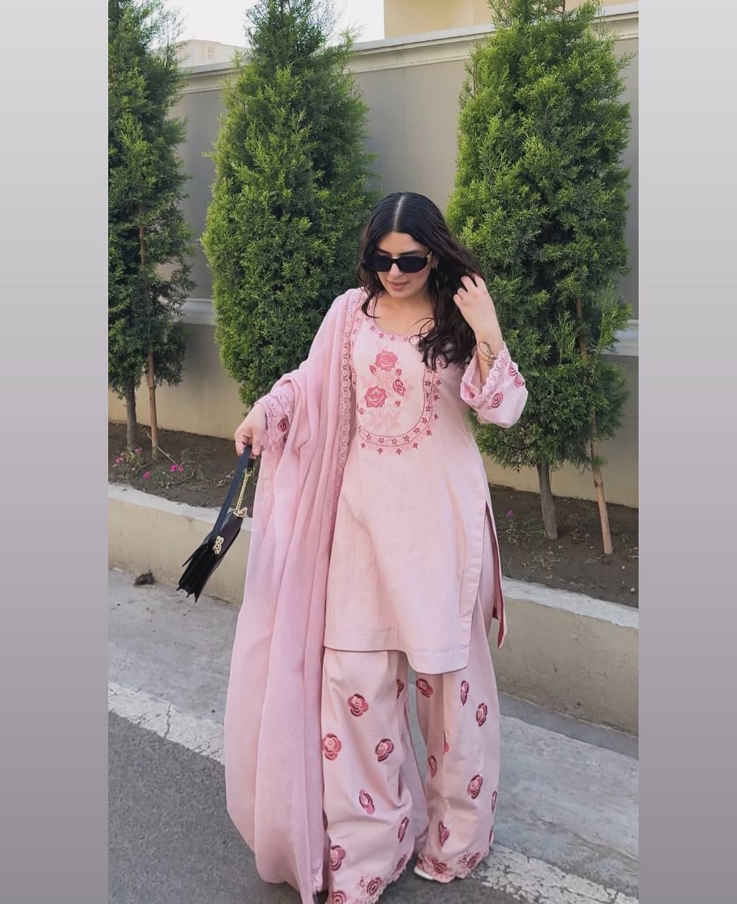 Exclusive Peach Color Pure Natural Crepe With Embroidery Work Palazzo Suit
