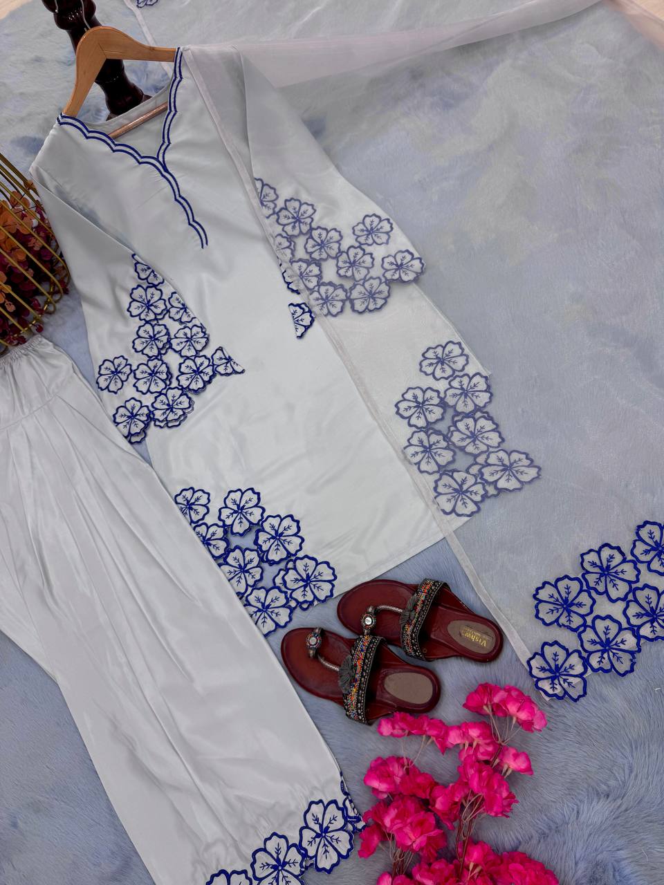 Party Wear Off White Color Pure Natural Crepe With Embroidery Work Palazzo Suit
