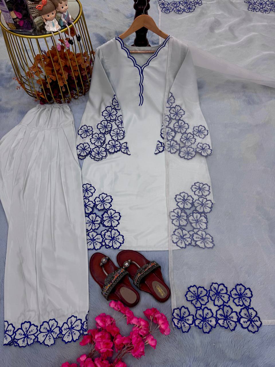 Party Wear Off White Color Pure Natural Crepe With Embroidery Work Palazzo Suit