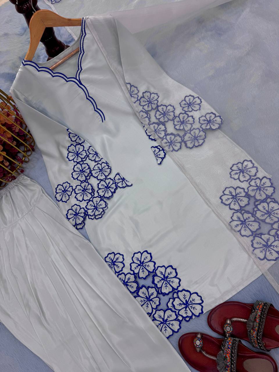 Party Wear Off White Color Pure Natural Crepe With Embroidery Work Palazzo Suit
