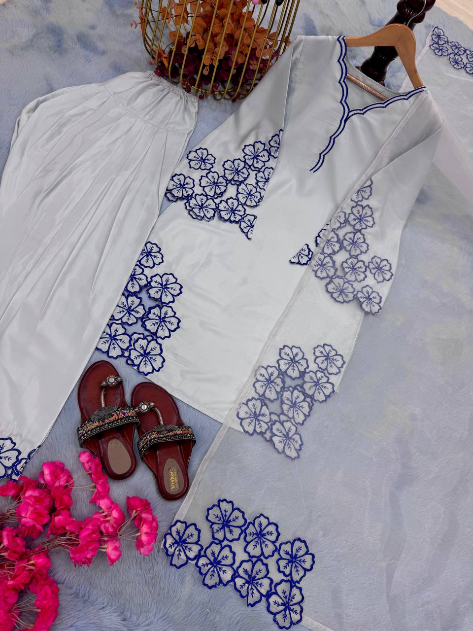 Party Wear Off White Color Pure Natural Crepe With Embroidery Work Palazzo Suit