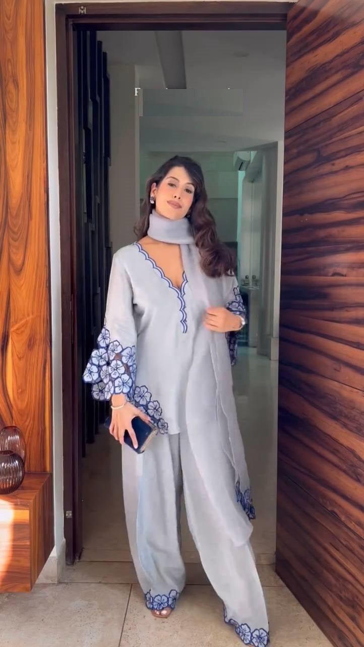 Party Wear Off White Color Pure Natural Crepe With Embroidery Work Palazzo Suit