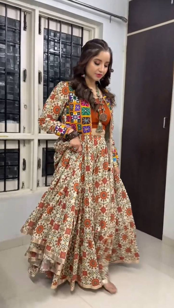 Navratri Collection Cream Color Pure Cotton Designer Lehenga Choli With Shrug